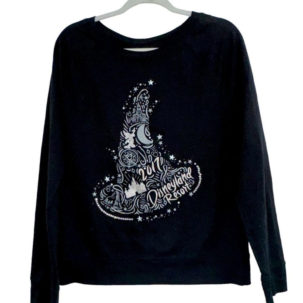 Womens Large Disneyland Black Lightweight Sweater Rhinestone Sorcerer Hat Bling